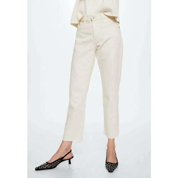 Mango Denim - NWT Mango MNG Denim Jeans Womens 8 Bone Ecru Havana Cropped High Waist Frayed